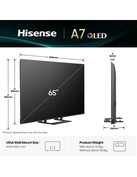 Hisense A7Q 65A7Q 165,1 cm (65") 4K Ultra HD Smart TV Wi-Fi Nero 400 cd m²