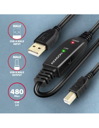 Axagon ADR-220B USB 2.0 A-M - B-M active connecting repeater cable 20m - Kabel - Digital Daten cavo USB USB A USB B Nero