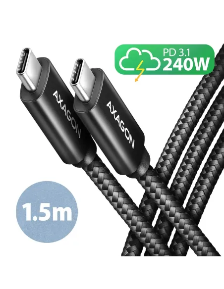 Axagon BUCM2-CM15AB Ladekabel USB-C zu USB-C 2.0, 1,5 m, PD 240 W 5 A, ALU - Schwarz - 1,5 Meter langes USB-C zu USB-C Kabel