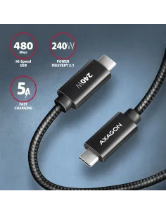 Axagon BUCM2-CM15AB Ladekabel USB-C zu USB-C 2.0, 1,5 m, PD 240 W 5 A, ALU - Schwarz - 1,5 Meter langes USB-C zu USB-C Kabel 2