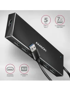 Axagon HUE-F7A 7x USB 3.2 Gen 1 ALU FLAT hub micro power IN 1m USB-A USB 3.2 Gen 1 (3.1 Gen 1) Type-A 5000 Mbit s Nero 2