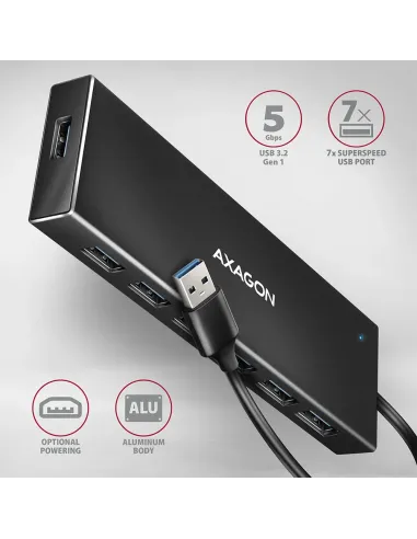 Axagon HUE-F7A 7x USB 3.2 Gen 1 ALU FLAT hub micro power IN 1m USB-A USB 3.2 Gen 1 (3.1 Gen 1) Type-A 5000 Mbit s Nero