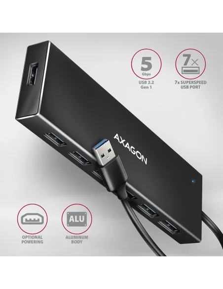 Axagon HUE-F7A 7x USB 3.2 Gen 1 ALU FLAT hub micro power IN 1m USB-A USB 3.2 Gen 1 (3.1 Gen 1) Type-A 5000 Mbit s Nero