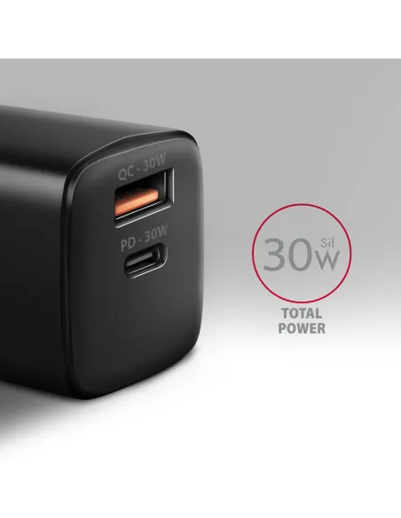 Axagon ACU-PQ30 Ladegerät QC3.0, 4.0 AFC FCP PPS Apple+ PD USB-C, 30W - schwarz - Kompaktes Ladegerät - 1x USB-C und 1x USB-A
