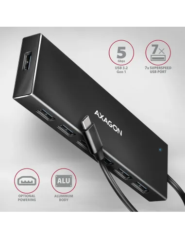 Axagon HUE-F7C 7x USB 3.2 Gen 1 ALU FLAT hub micro power IN 30cm USB-C USB 3.2 Gen 1 (3.1 Gen 1) Type-A 5000 Mbit s Nero