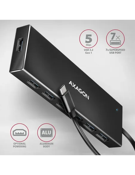Axagon HUE-F7C 7x USB 3.2 Gen 1 ALU FLAT hub micro power IN 30cm USB-C USB 3.2 Gen 1 (3.1 Gen 1) Type-A 5000 Mbit s Nero