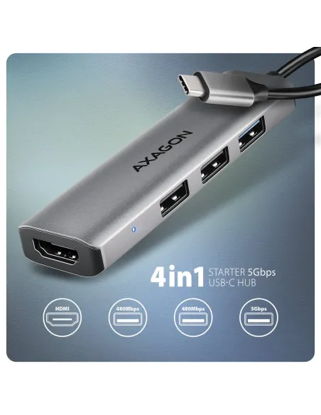 Axagon HMC-H3A replicatore di porte e docking station per laptop Cablato USB 3.2 Gen 1 (3.1 Gen 1) Type-C Argento