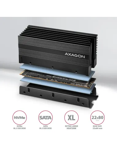 Axagon CLR-M2XL sistema di raffreddamento per computer M.2 NVMe SSD, Unità allo stato solido Dissipatore di calore Radiatore