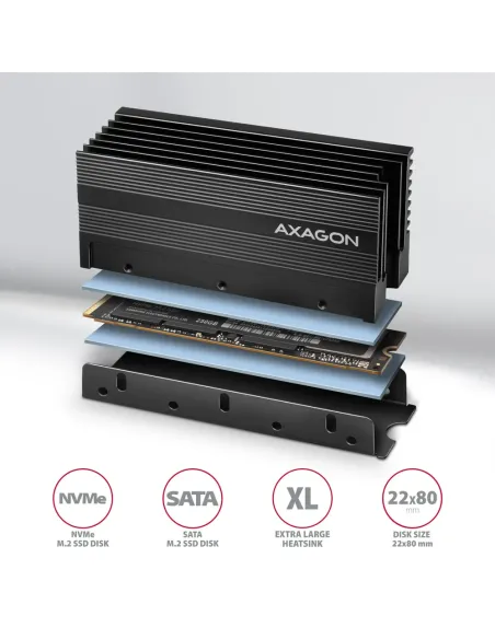Axagon CLR-M2XL sistema di raffreddamento per computer M.2 NVMe SSD, Unità allo stato solido Dissipatore di calore Radiatore
