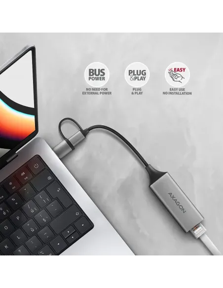 Axagon ADE-TXCA Gigabit Ethernet Adapter USB-C+ USB-A - titangrau - Adapter - Digital Daten 1000 Mbit s