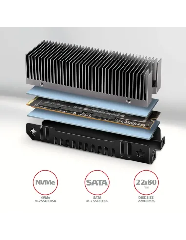 Axagon CLR-M2XT M.2 SSD Passivkühler Aluminium - 2280 M.2 NVMe SSD, Unità allo stato solido Dissipatore di calore Radiatore