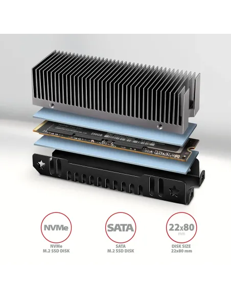 Axagon CLR-M2XT M.2 SSD Passivkühler Aluminium - 2280 M.2 NVMe SSD, Unità allo stato solido Dissipatore di calore Radiatore