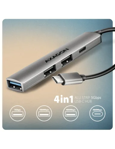 Axagon HUB USB HUE-STC, 4x USB ALU STRIP hub, 1x USB-A 5Gbps, 2x USB-A & 1x USB-C 480Mbps, kabel USB-C 12cm USB 3.2 Gen 1 (3.1