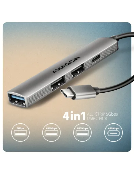 Axagon HUB USB HUE-STC, 4x USB ALU STRIP hub, 1x USB-A 5Gbps, 2x USB-A & 1x USB-C 480Mbps, kabel USB-C 12cm USB 3.2 Gen 1 (3.1