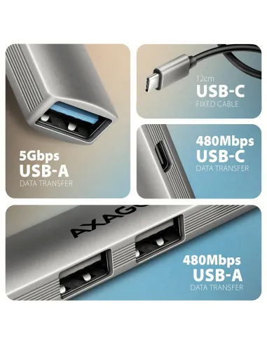 Axagon HUB USB HUE-STC, 4x USB ALU STRIP hub, 1x USB-A 5Gbps, 2x USB-A & 1x USB-C 480Mbps, kabel USB-C 12cm USB 3.2 Gen 1 (3.1