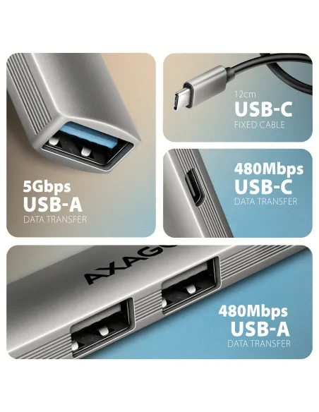Axagon HUB USB HUE-STC, 4x USB ALU STRIP hub, 1x USB-A 5Gbps, 2x USB-A & 1x USB-C 480Mbps, kabel USB-C 12cm USB 3.2 Gen 1 (3.1