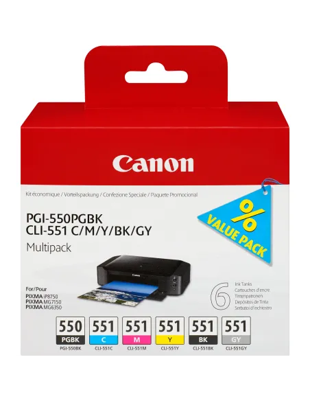 Canon Cartuccia d'inchiostro Multipack PGI-550 PGBK CLI-551 BK C M Y GY