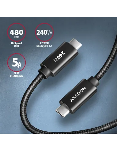 Axagon BUCM2-CM25AB Ladekabel USB-C zu USB-C 2.0, 2,5 m, PD 240 W 5 A, ALU - Schwarz - 2,5 Meter langes USB-C zu USB-C Kabel