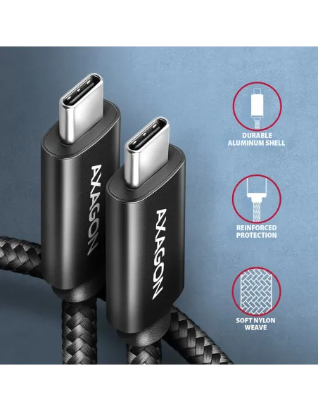 Axagon BUCM2-CM25AB Ladekabel USB-C zu USB-C 2.0, 2,5 m, PD 240 W 5 A, ALU - Schwarz - 2,5 Meter langes USB-C zu USB-C Kabel