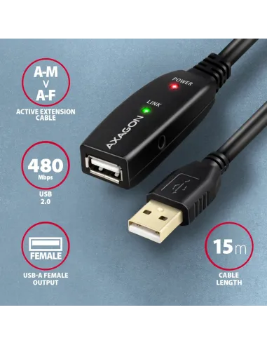 Axagon ADR-215 USB 2.0 A-M - A-F active extension repeater cable 15m - Kabel - Digital Daten cavo USB USB A Nero