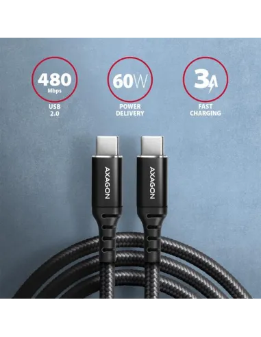 AXAGON BUCM-CM20AB USB-C zu USB-C 2.0 Kabel, 2m, PD 60W, 3A, geflochten - schwarz