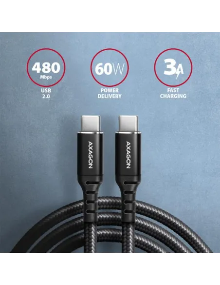 AXAGON BUCM-CM20AB USB-C zu USB-C 2.0 Kabel, 2m, PD 60W, 3A, geflochten - schwarz
