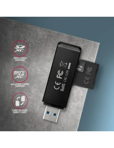 Axagon CRE-S2N lettore di schede USB 3.2 Gen 1 (3.1 Gen 1) Type-A Nero