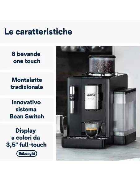 De’Longhi Rivelia - Macchina Automatica per Caffè in Chicchi, 8 Bevande one touch, Display touch, Nero (EXAM440.35.B)