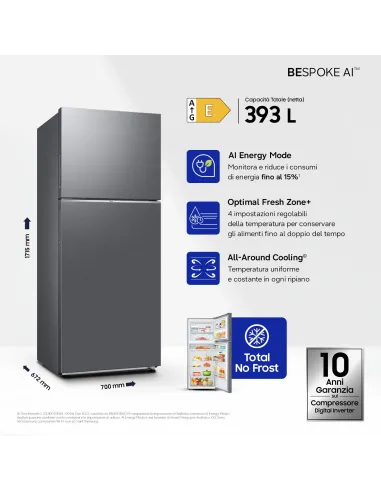 Samsung RT38CG6624S9 frigorifero Doppia Porta EcoFlex AI Libera installazione con congelatore Wifi 393 L Classe E, Inox