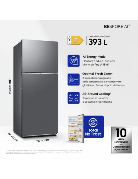 Samsung RT38CG6624S9 frigorifero Doppia Porta EcoFlex AI Libera installazione con congelatore Wifi 393 L Classe E, Inox