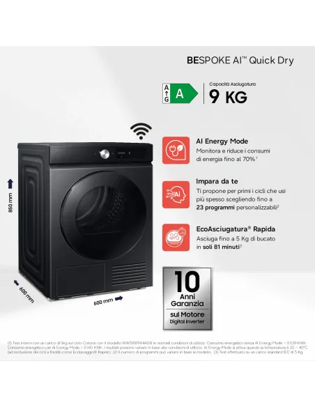 Samsung DV90DB7845GBU3 asciugatrice Libera installazione Caricamento frontale 9 kg Nero