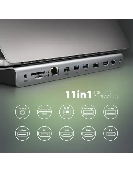 Axagon HMC-4KX3 replicatore di porte e docking station per laptop Cablato USB 3.2 Gen 1 (3.1 Gen 1) Type-C Grigio