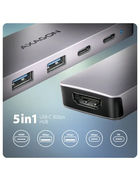 Axagon HMC-5H60 replicatore di porte e docking station per laptop Cablato USB 3.2 Gen 1 (3.1 Gen 1) Type-C Grigio