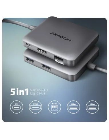 Axagon N HMC-5HL USB 5Gbps hub 2x USB-A HDMI 4k 60Hz RJ-45 GLAN PD 100W kabel USB-C Cablato USB 3.2 Gen 1 (3.1 Gen 1) Type-C