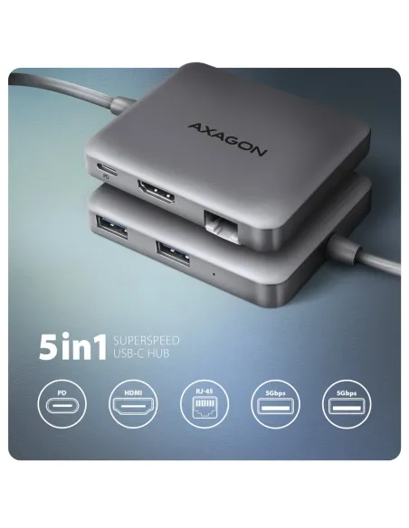 Axagon N HMC-5HL USB 5Gbps hub 2x USB-A HDMI 4k 60Hz RJ-45 GLAN PD 100W kabel USB-C Cablato USB 3.2 Gen 1 (3.1 Gen 1) Type-C