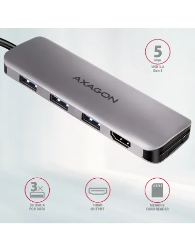 Axagon HMC-HCR3A 3x USB-A+ HDMI+ SD microSD USB-C 3.2 Gen 1 hub 20cm Cablato USB 3.2 Gen 1 (3.1 Gen 1) Type-C Grigio