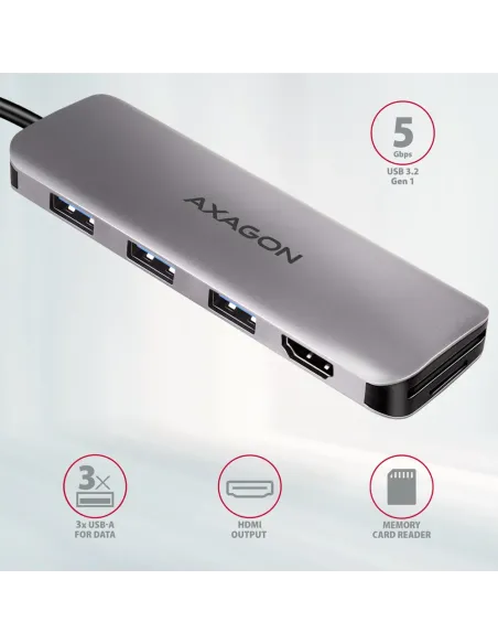 Axagon HMC-HCR3A 3x USB-A+ HDMI+ SD microSD USB-C 3.2 Gen 1 hub 20cm Cablato USB 3.2 Gen 1 (3.1 Gen 1) Type-C Grigio