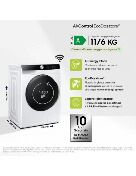 Samsung WD11DG6B85BK lavasciuga Libera installazione Caricamento frontale Bianco