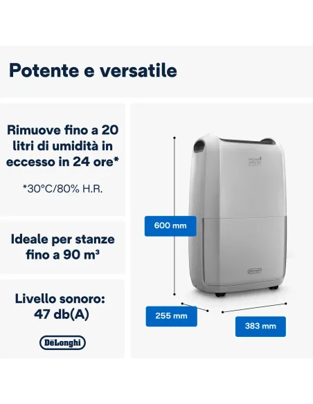 De’Longhi Tasciugo AriaDry Multi - Deumidificatore, Capacità deumidificazione 20l 24h, Serbatoio 5L, Bianco (DDSX220)