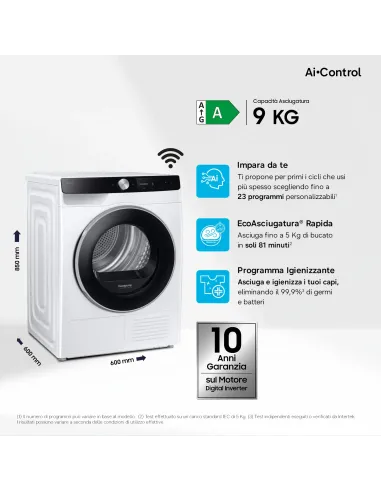 Samsung DV90DG6845LKU3 asciugatrice Libera installazione Caricamento frontale 9 kg Bianco