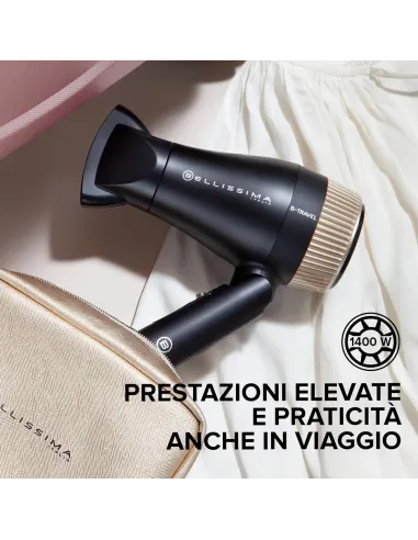Bellissima Imetec B-Travel Asciugacapelli da viaggio, portatile e compatto, 1400 W, manico pieghevole, doppio voltaggio,
