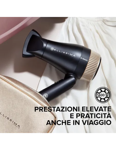Bellissima Imetec B-Travel Asciugacapelli da viaggio, portatile e compatto, 1400 W, manico pieghevole, doppio voltaggio,