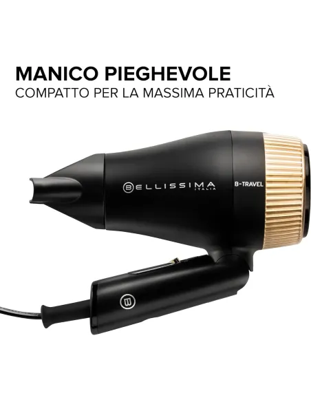 Bellissima Imetec B-Travel Asciugacapelli da viaggio, portatile e compatto, 1400 W, manico pieghevole, doppio voltaggio,