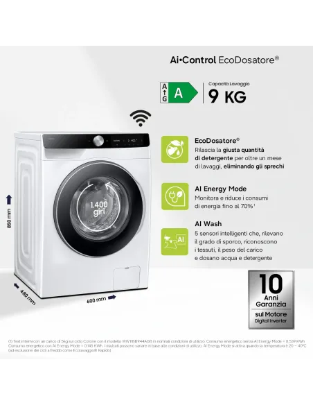 Samsung WW90DG6G94LKU3 lavatrice Caricamento frontale 9 kg 1400 Giri min Bianco