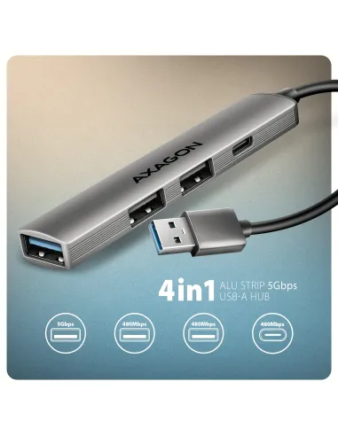 Axagon HUB USB HUE-STA, 4x USB ALU STRIP hub, 1x USB-A 5Gbps, 2x USB-A & 1x USB-C 480Mbps, kabel USB-A 12cm USB 3.2 Gen 1 (3.1