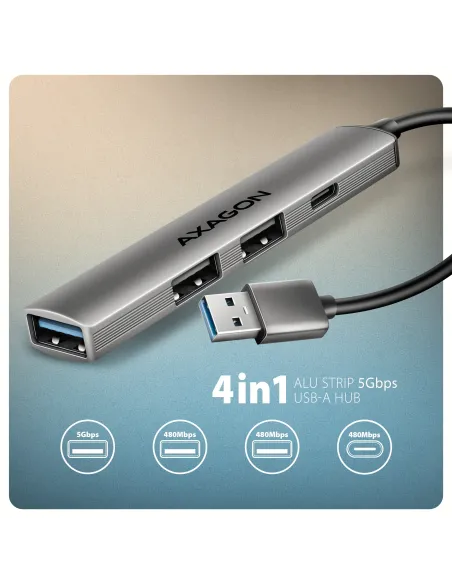 Axagon HUB USB HUE-STA, 4x USB ALU STRIP hub, 1x USB-A 5Gbps, 2x USB-A & 1x USB-C 480Mbps, kabel USB-A 12cm USB 3.2 Gen 1 (3.1