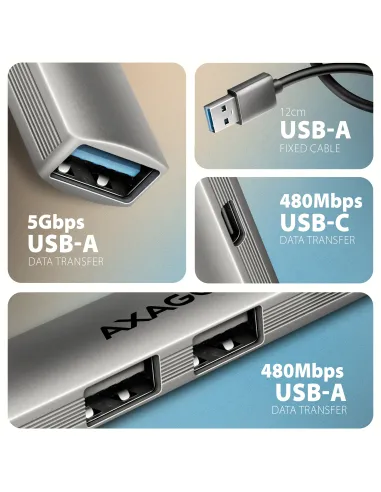 Axagon HUB USB HUE-STA, 4x USB ALU STRIP hub, 1x USB-A 5Gbps, 2x USB-A & 1x USB-C 480Mbps, kabel USB-A 12cm USB 3.2 Gen 1 (3.1