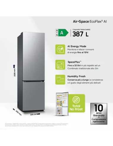 Samsung Frigorifero Combinato EcoFlex AI 2m 387L RB38C607AS9