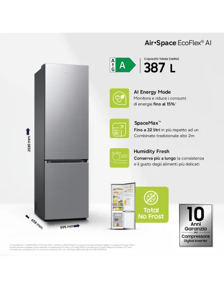 Samsung Frigorifero Combinato EcoFlex AI 2m 387L RB38C607AS9