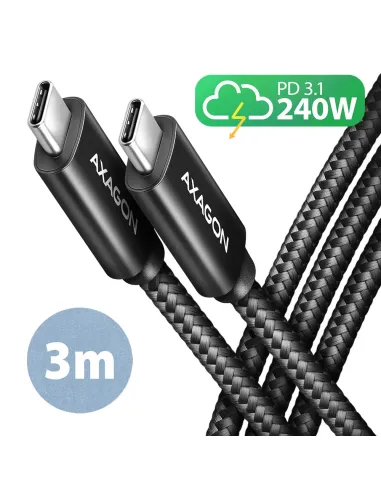 Axagon BUCM2-CM30AB Ladekabel USB-C zu USB-C 2.0, 3 m, PD 240 W 5 A, ALU - Schwarz - 3 Meter langes USB-C zu USB-C Kabel -